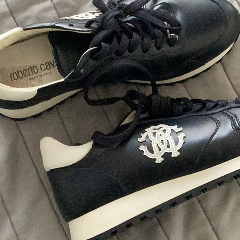 Roberto Cavalli Blue and White Leather Mens Sneakers